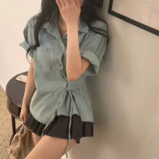 批发已出货 不规则个性侧面系带<b class='q'>牛仔</b>衬衫