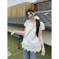 批发外贸冲量款花边夏季法式甜美花边拼接白色短袖<b class='q'>衬衫</b>上衣女
