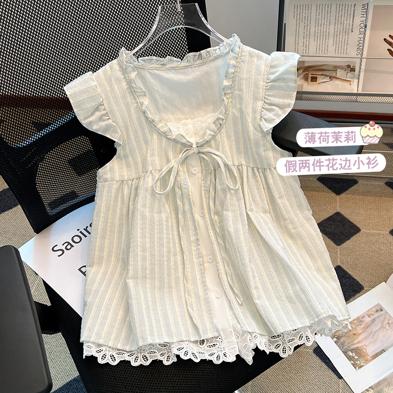 여름 레이스 레이스 패치워크 페이크 레이어드 스택 착용 두 조각 여성 세트