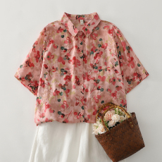 批发2026夏季棉麻印花衬衣女宽松显瘦时尚洋气短袖衬衫百搭小衫<b class='q'>上衣</b>潮