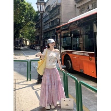 批发实拍  夏季印花斜肩短袖百搭T恤<b class='q'>上衣</b>大摆格子高腰复古半身裙