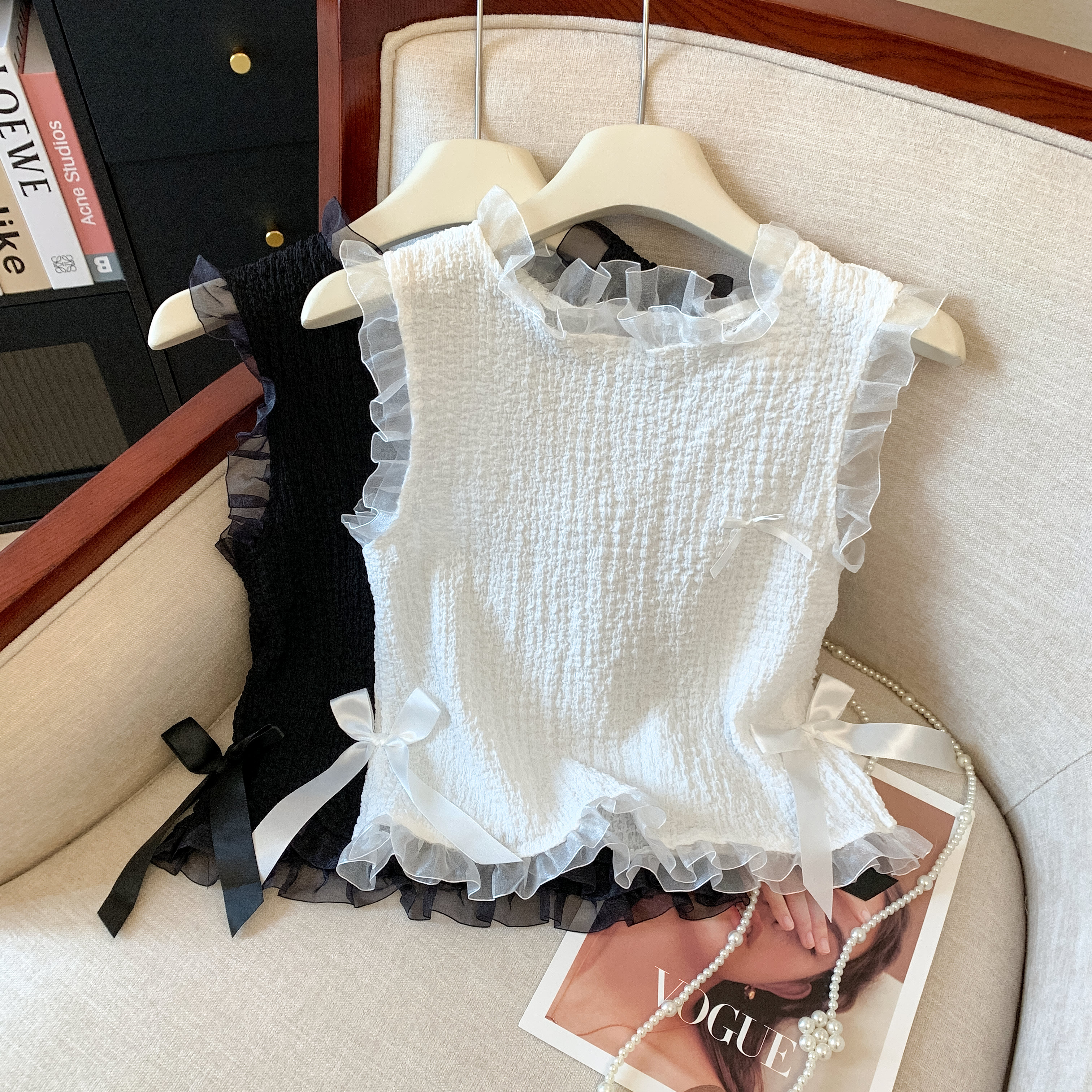 FA27434# 可盐可甜少女感木耳压边圆领无袖背心女夏季甜美上衣 服裝批發女裝批發服飾貨源