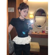 批发夏装新款大码纯棉小众蓬蓬花边拼接<b class='q'>短袖</b>T恤<b class='q'>修身</b>上衣M-4XL200斤