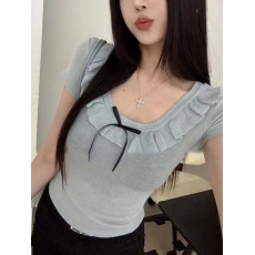 批发韩系别致拼接短袖圆领<b class='q'>针织衫</b><b class='q'>女</b>小个子修身显瘦蝴蝶结短款冰丝T恤