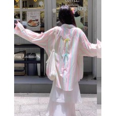 韩系多巴胺彩虹条纹衬衫女秋季长袖开衫宽松慵懒休闲甜美上衣