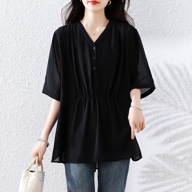빅 사이즈 고급 센스 허리 수축 V넥 반팔 셔츠 여름 새로운 중년 지방 엄마 슬림해 보이는 표지 배 외국 가스 맨위