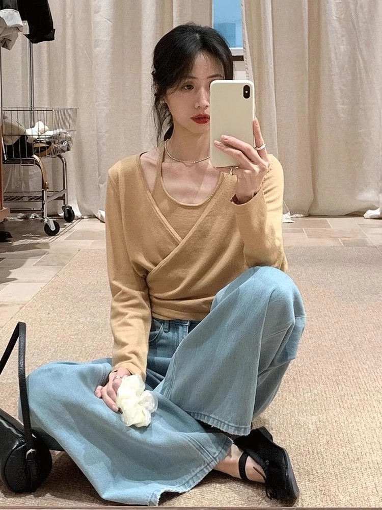한 부서 chic Chic 착용 가져 가라. 니트 스웨터 여성 봄 디자인 센스 슬립 외부 가져 가라. 블라우스 스택 착용 투피스 세트 맨위