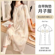 批发云朵棉短袖月子服带胸垫待产裙免穿文胸哺乳睡裙加肥加大码