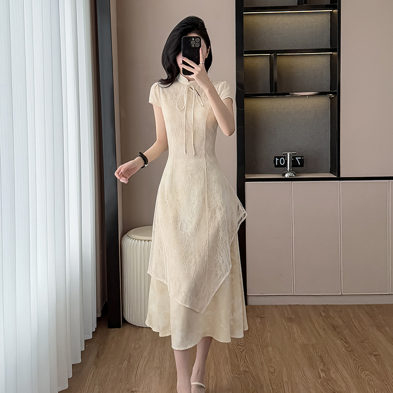 MY6841# 新中式假两件改良旗袍女春夏立领蕾丝拼接镂空连衣裙女裝貨源服...