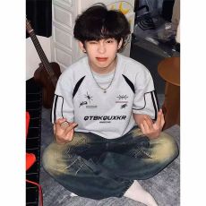 批发重磅 230克超爽滑纯棉潮牌美式拼接撞色条纹织带宽松休闲情侣T恤