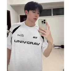 批发重磅 230克超爽滑纯棉潮牌美式拼接撞色条纹织带宽松休闲情侣T恤