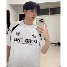 批发重磅 230克超爽滑纯棉潮牌美式拼接撞色条纹织带宽松休闲情侣T恤