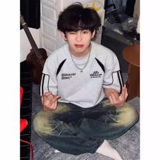 批发重磅 230克超爽滑纯棉潮牌美式拼接撞色条纹织带宽松休闲情侣T恤