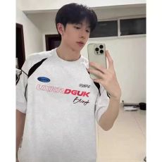 批发重磅 230克超爽滑纯棉潮牌美式拼接撞色条纹织带宽松休闲情侣T恤