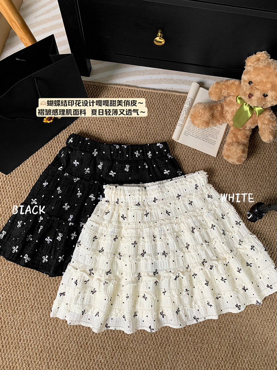 나비 매듭 프린트 치마 레이스 반신 스커트 여성 여름 작은 키 A라인 스커트 가을 케이크 치마 검정색 미니 스커트