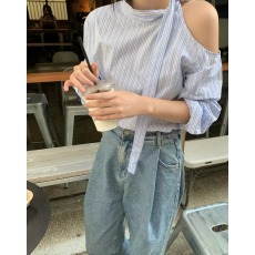 批发韩国chic早春新款法式斜边系带气质露肩长袖衬衫