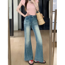 批发实拍实价#高腰直筒微喇叭牛仔长裤女<b class='q'>弹力</b>修身复古水洗宽松阔脚裤