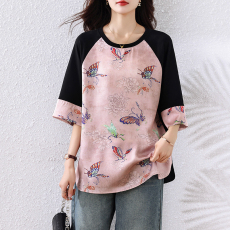 批发2025夏季新款大码女装<b class='q'>胖</b>MM<b class='q'>时尚</b>宽松显瘦国风拼接撞色印花T恤上衣