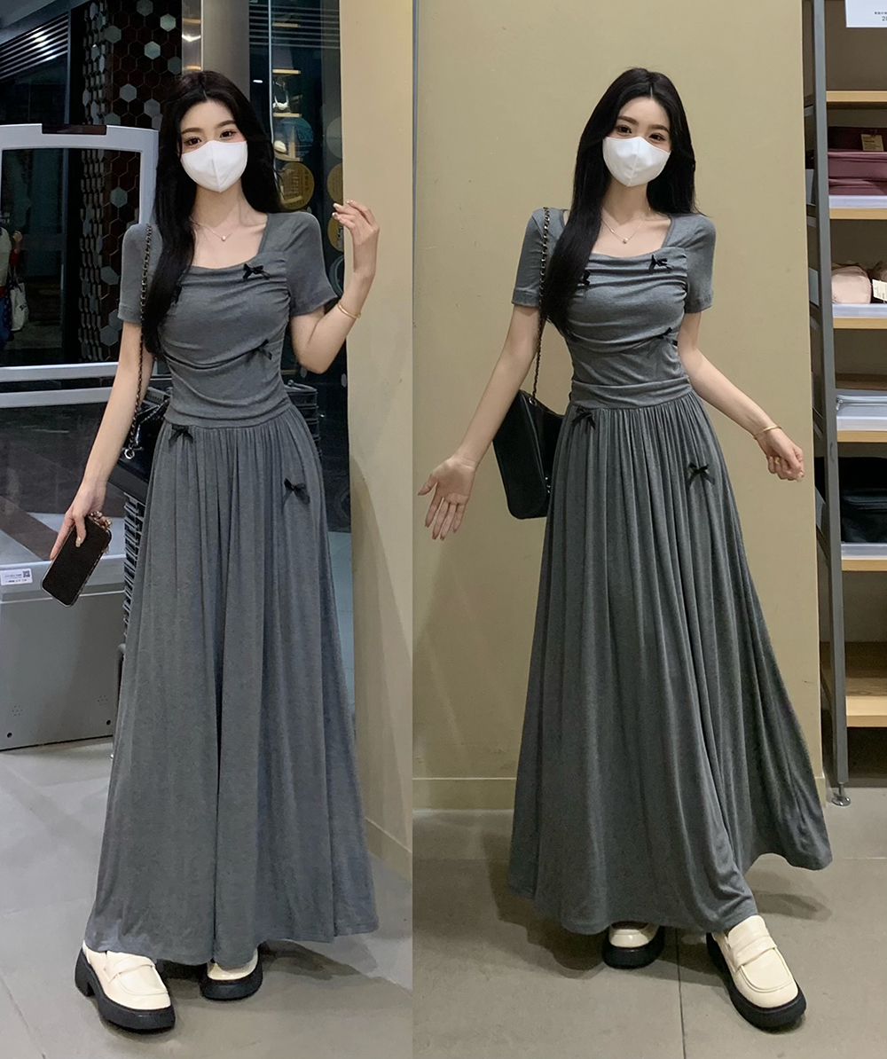 실사 2026 여름 새로운 빅 사이즈 드레스 마이크로 지방 프랑스식 광장 칼라 나비 매듭 품격 허리 수축 롱 스커트