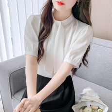 批发立领飘带缎面衬衫女短袖高级感轻奢气质<b class='q'>职业</b>衬衣泡泡袖雪纺衫上衣