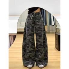批发秋冬大码阔腿迷彩牛仔裤女垂感显瘦直筒胖mm休闲拖地长裤