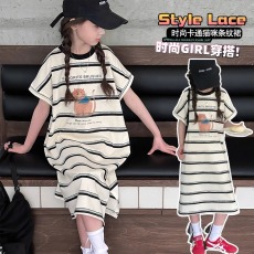 批发<b class='q'>女童</b>条纹<b class='q'>连衣</b>裙夏季2026新款薄儿童夏装慵懒风洋气短袖女大童长裙