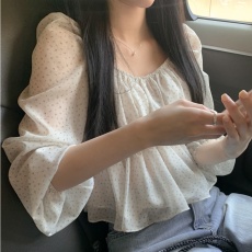 批发有货 <b class='q'>韩国</b>ins法式气质方领纯欲碎花收腰泡泡袖雪纺衬衫小个子上衣