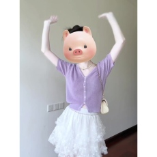批发韩系简约紫色V领短袖针织开衫女春夏薄款上衣半身裙两件套