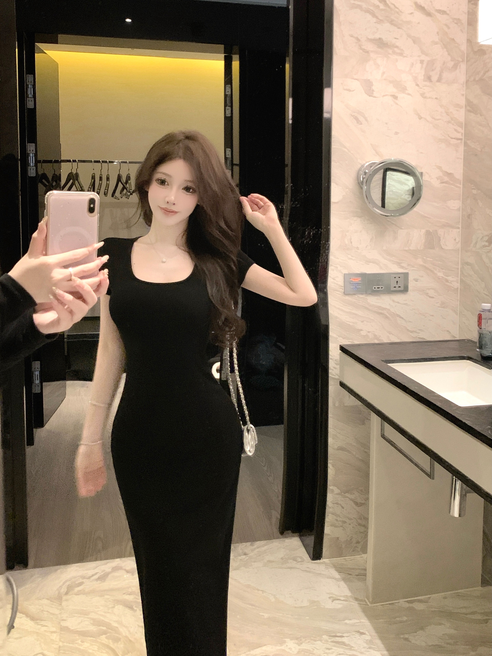 실사 프랑스식 하오 벤 섹시함 백리스 디자인 센스 Chic 허리 수축 슬림해 보이는 트임 드레스