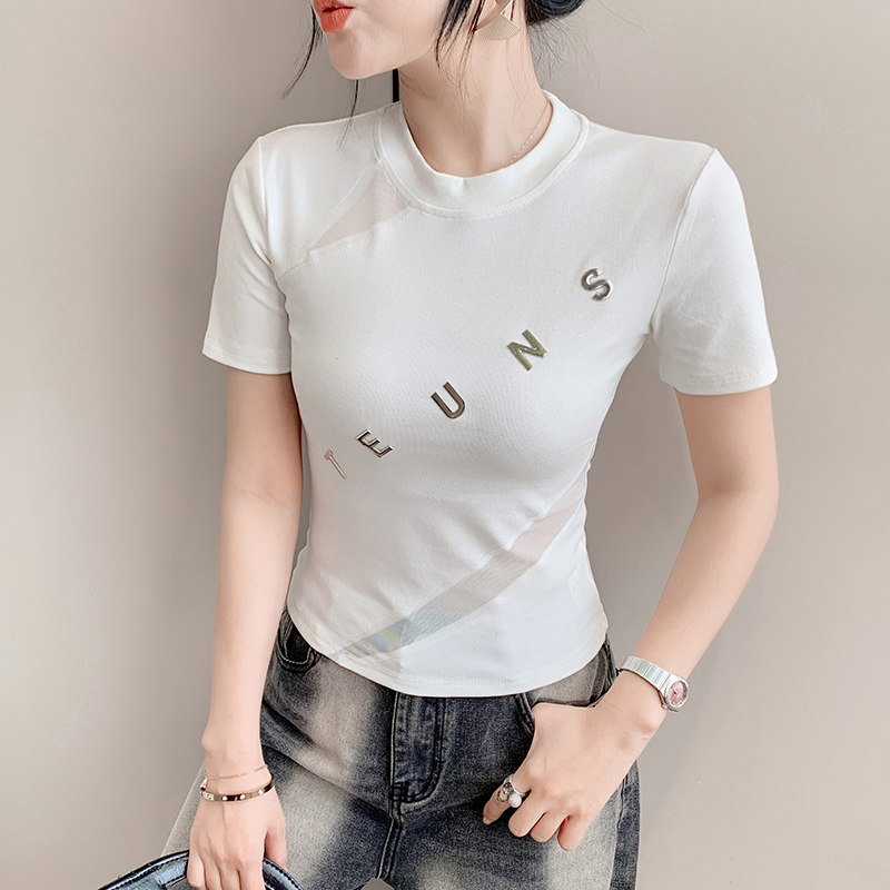 FA19741# 夏季新款欧美时尚网纱拼接圆领字母百搭短袖T恤上衣潮