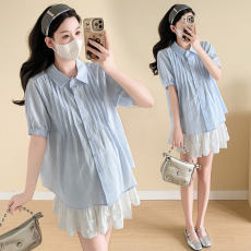 孕妇衬衣夏季新款中长款纯棉提花百搭孕妇上衣小清新时尚款