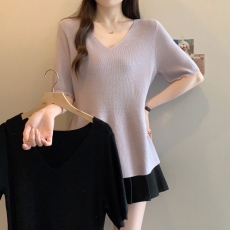 批发实拍~胖MM大码夏季新款V领正肩鱼尾摆短袖<b class='q'>针织</b>衫遮肚藏肉显瘦上衣