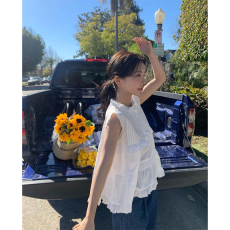 批发chic 韩版重工花边百褶无袖衬衫上衣
