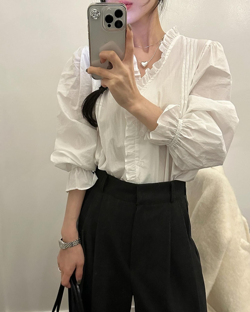 chic 한국 스타일 명중 Pleat 레이스 봄 셔츠 맨위