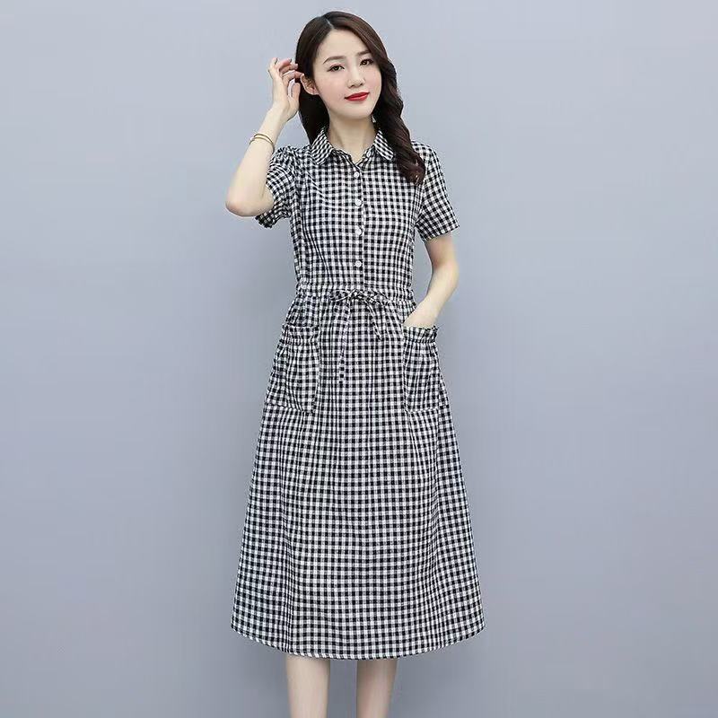 MY4900# 棉麻复古女士格子连衣裙女中长款衬衫领气质时尚过膝显瘦女裝貨源服裝批發