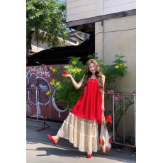 批发穿搭一整套红色吊带连衣裙海边度假风大摆长裙两件<b class='q'>套装</b>