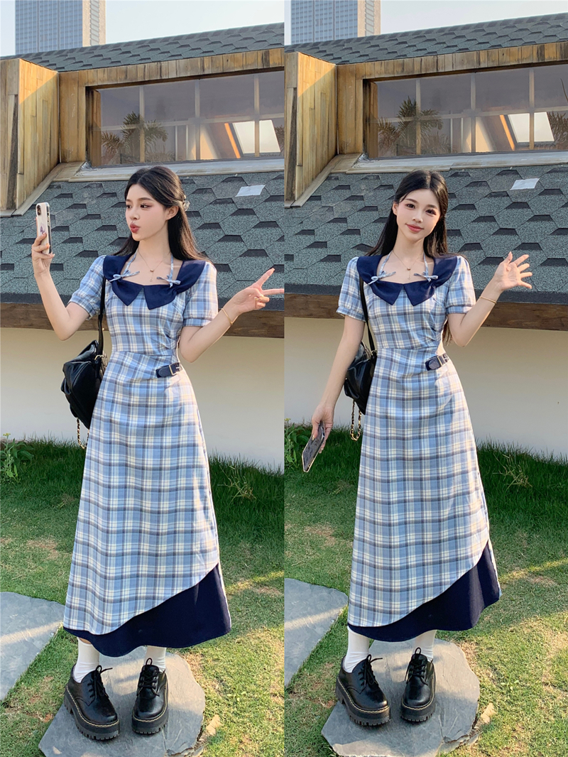 실사 빅 사이즈 여성 의류 여름 새로운 프랑스식 레트로 체크무늬 디자인 센스 드레스 지방 mm 허리 수축 슬림해 보이는 롱 스커트