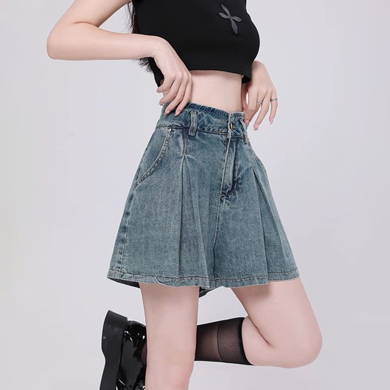 MY4774# 复古高腰牛仔短裤女夏季新款褶皱设计宽松遮肉显瘦a字阔腿裙裤子女裝貨源服裝批發
