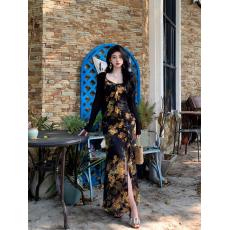 批发实拍~法式度假风荷叶边碎花连衣裙绝美御姐胖MM修身显瘦吊带长裙