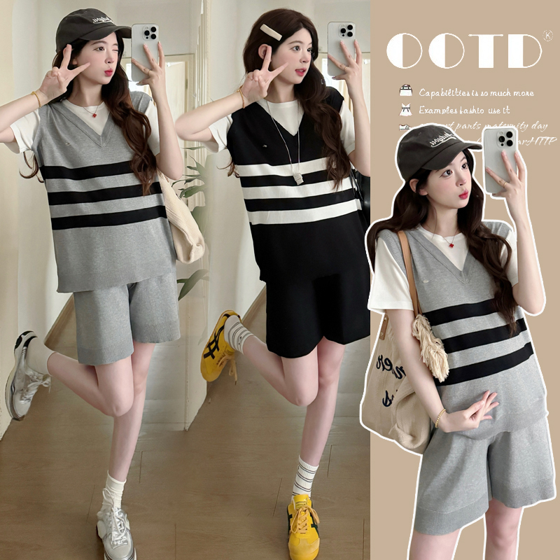 실사 2026 여름 임산부 니트 얼음 실크 캐주얼 스포츠 슈트 페이크 레이어드 넓은 다리가 짧다. 바지 세트