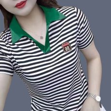 批发纯棉女士简约潮流时尚拼接撞色条纹上衣夏季日常易百搭POLO衫短袖