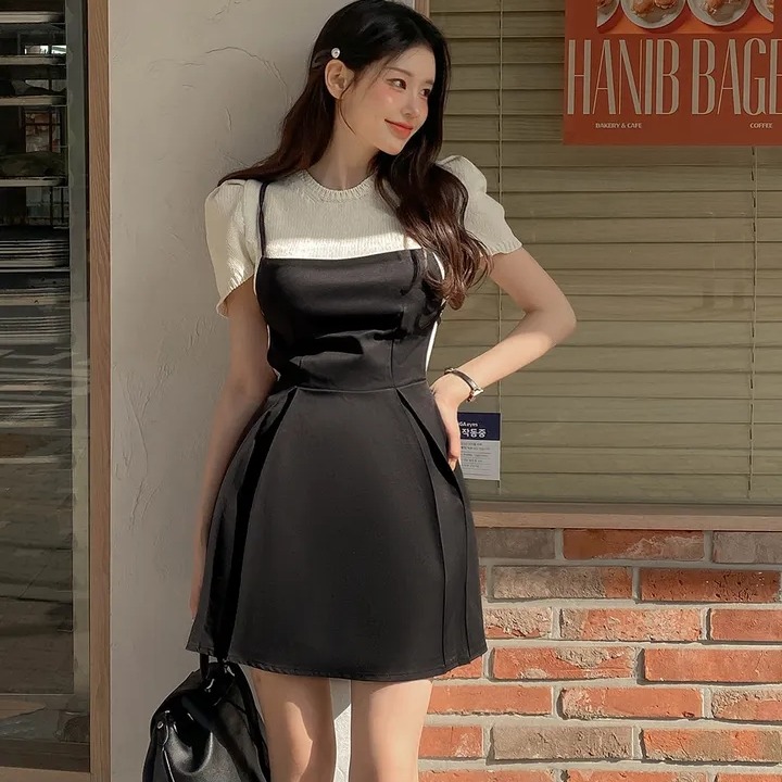 chic 한국 스타일 여름 프랑스식 패션 레트로 백리스 레이스업 허리 수축 스택 착용 다용도 캐미솔 드레스