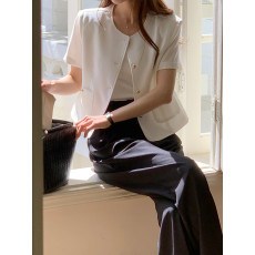 批发尺寸已更新 <b class='q'>韩国</b>chic 夏季气质圆领单排扣小香风外套上衣