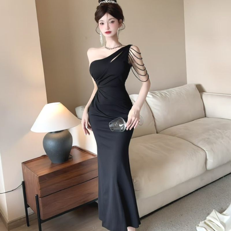 FA35279# 性感名媛气质流苏露肩收腰长款包臀连衣裙宴会晚礼服 服裝批發女裝批發服飾貨源
