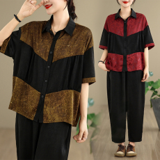 批发实拍2026<b class='q'>夏</b>季新款拼接印花衬衫上衣+松紧腰阔腿裤两件套大码女装