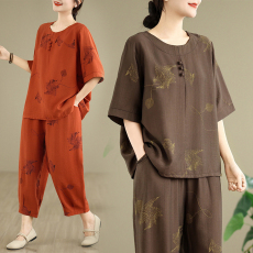 批发实拍2026夏季新款棉麻印花宽松上衣T恤上衣松紧腰阔腿裤两件套
