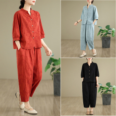 批发实拍2026<b class='q'>夏</b>季新款棉麻宽松衬衫上衣T恤松紧腰阔腿裤两件套女装