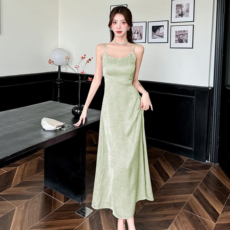 MY5955# 高级感缎面丝滑吊带连衣裙女新中式修身减龄提花长款裙女裝貨源服裝批發