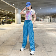 批发夏季新款广场舞表演服亮片短袖流光长裤套装<b class='q'>爵士舞</b>休闲运动两件套