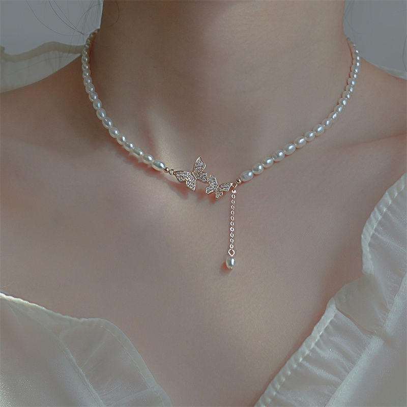 CX13333# 最便宜饰品批发  法式复古珍珠项链轻奢小众高级感超闪满钻蝴蝶吊坠锁骨链颈链批发